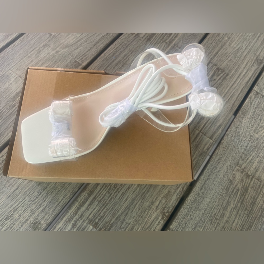 Women’s Clear Bow Heeled Sandals Strappy Lace Up, Rhinestone’s, White Sz 5.5 - Picture 3 of 6